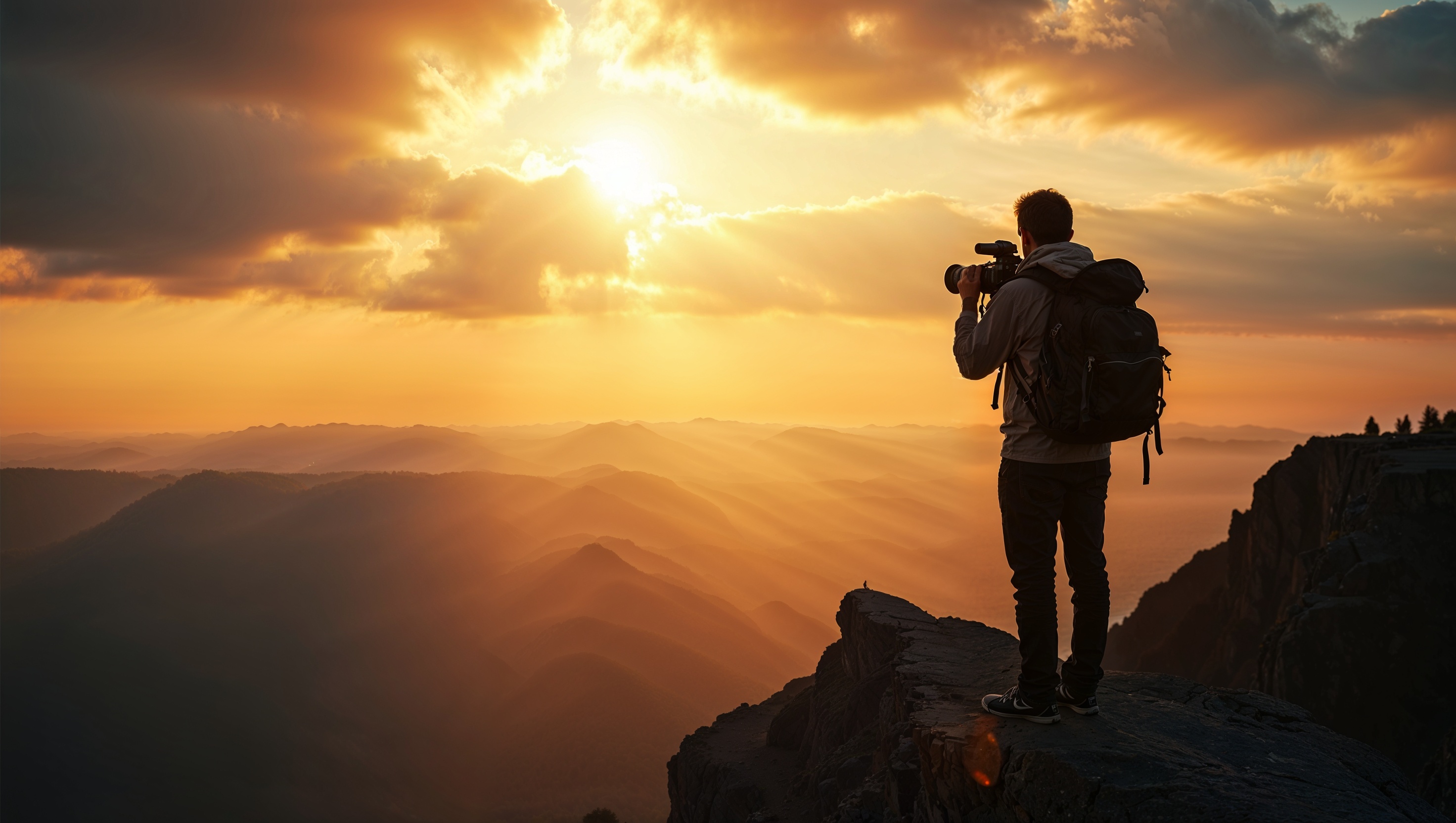 Fotograf capturând apusul în munți